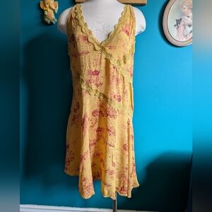 Free People Bias Cut Slip Dress Size Large Lace Trim Mustard Yellow Toile Print